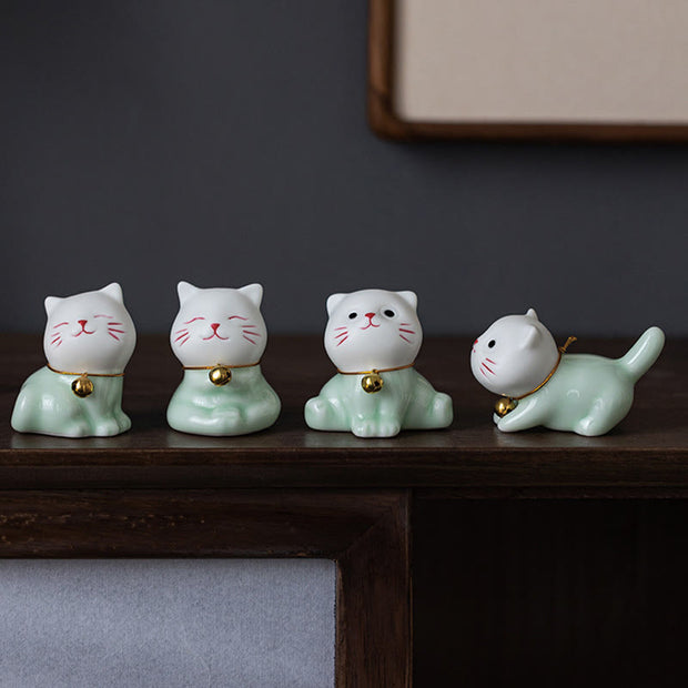 Buddha Stones Mini Lucky Cute Cat Light Green White Ceramic Figurine Decoration