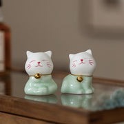 Buddha Stones Mini Lucky Cute Cat Light Green White Ceramic Figurine Decoration