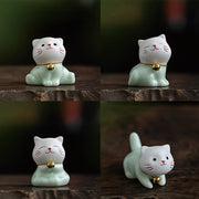 Buddha Stones Mini Lucky Cute Cat Light Green White Ceramic Figurine Decoration