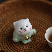 Buddha Stones Mini Lucky Cute Cat Light Green White Ceramic Figurine Decoration