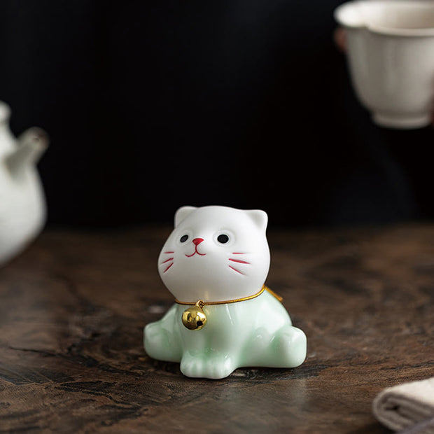 Buddha Stones Mini Lucky Cute Cat Light Green White Ceramic Figurine Decoration