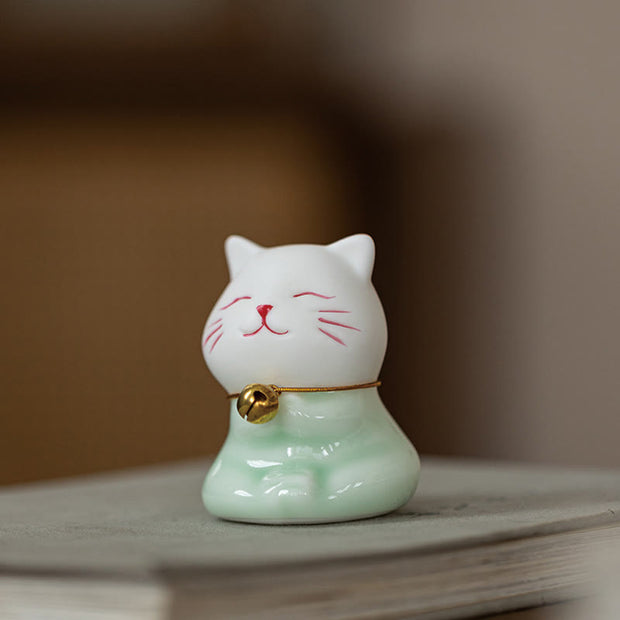 Buddha Stones Mini Lucky Cute Cat Light Green White Ceramic Figurine Decoration