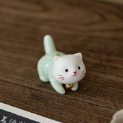 Buddha Stones Mini Lucky Cute Cat Light Green White Ceramic Figurine Decoration