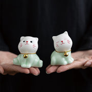 Buddha Stones Mini Lucky Cute Cat Light Green White Ceramic Figurine Decoration