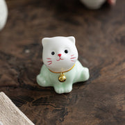 Buddha Stones Mini Lucky Cute Cat Light Green White Ceramic Figurine Decoration