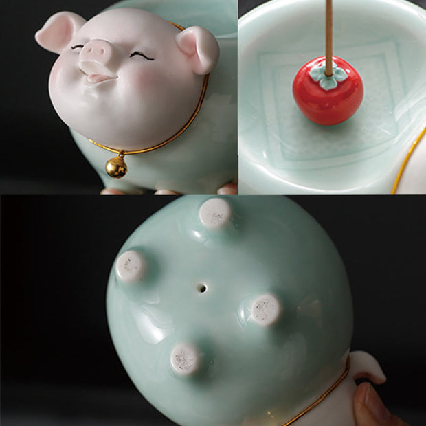 Buddha Stones Ceramic Little Pig Blessing Stick Incense Burner