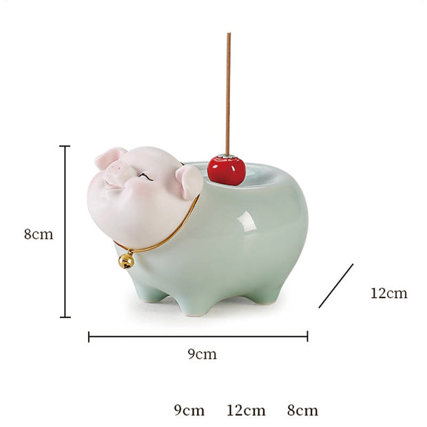 Buddha Stones Ceramic Little Pig Blessing Stick Incense Burner