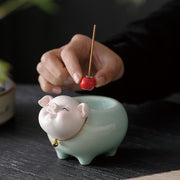 Buddha Stones Ceramic Little Pig Blessing Stick Incense Burner