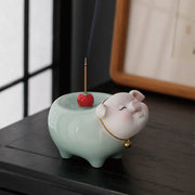 Buddha Stones Ceramic Little Pig Blessing Stick Incense Burner