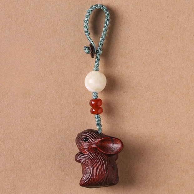 Buddha Stones Sandalwood Small Leaf Red Sandalwood Lucky Mini Rabbit Protection Key Chain Phone Hanging Decoration