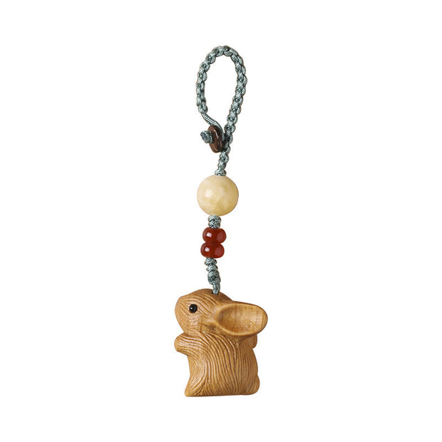 Buddha Stones Sandalwood Small Leaf Red Sandalwood Lucky Mini Rabbit Protection Key Chain Phone Hanging Decoration