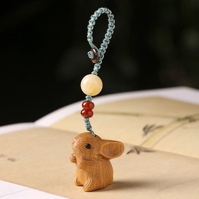 Buddha Stones Sandalwood Small Leaf Red Sandalwood Lucky Mini Rabbit Protection Key Chain Phone Hanging Decoration