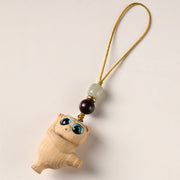 Buddha Stones Green Sandalwood Thuja Sutchuenensis Dancing Cat Positive Key Chain Phone Hanging Decoration