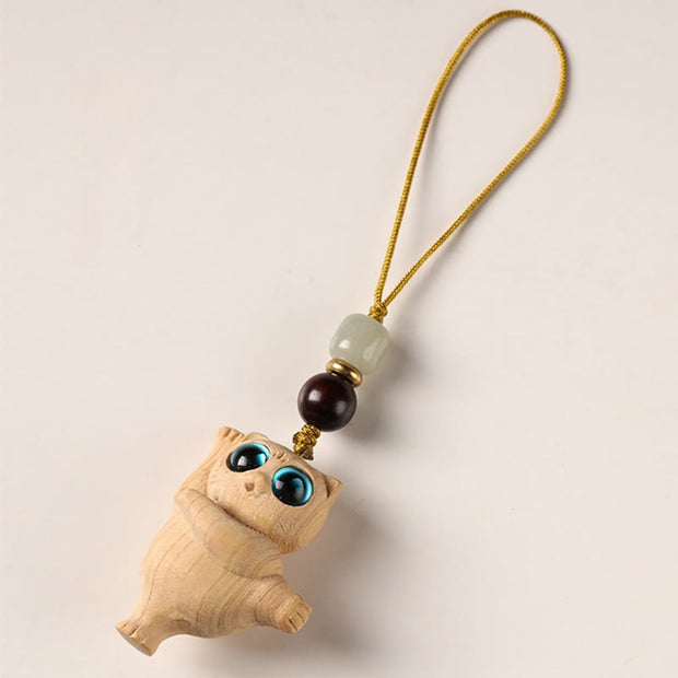 FREE Today: Positive and Prosperity Green Sandalwood Thuja Sutchuenensis Dancing Cat Key Chain Phone Hanging Decoration