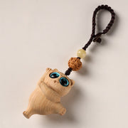 Buddha Stones Green Sandalwood Thuja Sutchuenensis Dancing Cat Positive Key Chain Phone Hanging Decoration