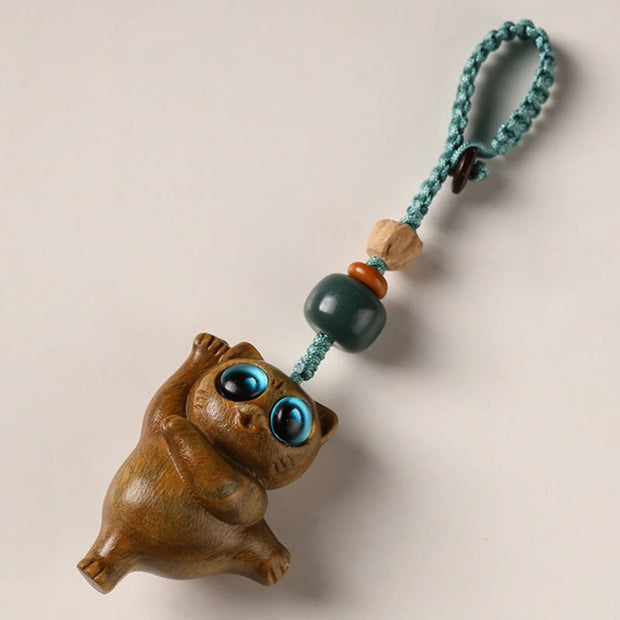 FREE Today: Positive and Prosperity Green Sandalwood Thuja Sutchuenensis Dancing Cat Key Chain Phone Hanging Decoration