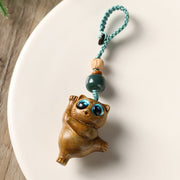 Buddha Stones Green Sandalwood Thuja Sutchuenensis Dancing Cat Positive Key Chain Phone Hanging Decoration