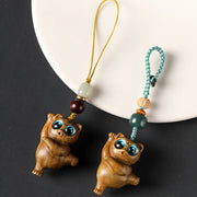 FREE Today: Positive and Prosperity Green Sandalwood Thuja Sutchuenensis Dancing Cat Key Chain Phone Hanging Decoration