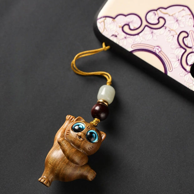 FREE Today: Positive and Prosperity Green Sandalwood Thuja Sutchuenensis Dancing Cat Key Chain Phone Hanging Decoration