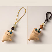 Buddha Stones Green Sandalwood Thuja Sutchuenensis Dancing Cat Positive Key Chain Phone Hanging Decoration