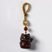 Buddha Stones Small Leaf Red Sandalwood Green Sandalwood Sandalwood Lucky Cat Protection Key Chain Phone Hanging Decoration