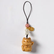 Buddha Stones Small Leaf Red Sandalwood Green Sandalwood Sandalwood Lucky Cat Protection Key Chain Phone Hanging Decoration