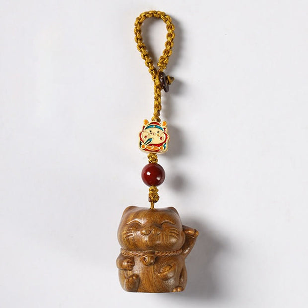 Buddha Stones Small Leaf Red Sandalwood Green Sandalwood Sandalwood Lucky Cat Protection Key Chain Phone Hanging Decoration