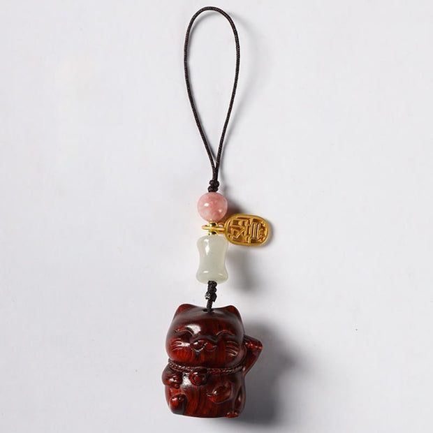 Buddha Stones Small Leaf Red Sandalwood Green Sandalwood Sandalwood Lucky Cat Protection Key Chain Phone Hanging Decoration