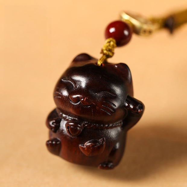 Buddha Stones Small Leaf Red Sandalwood Green Sandalwood Sandalwood Lucky Cat Protection Key Chain Phone Hanging Decoration