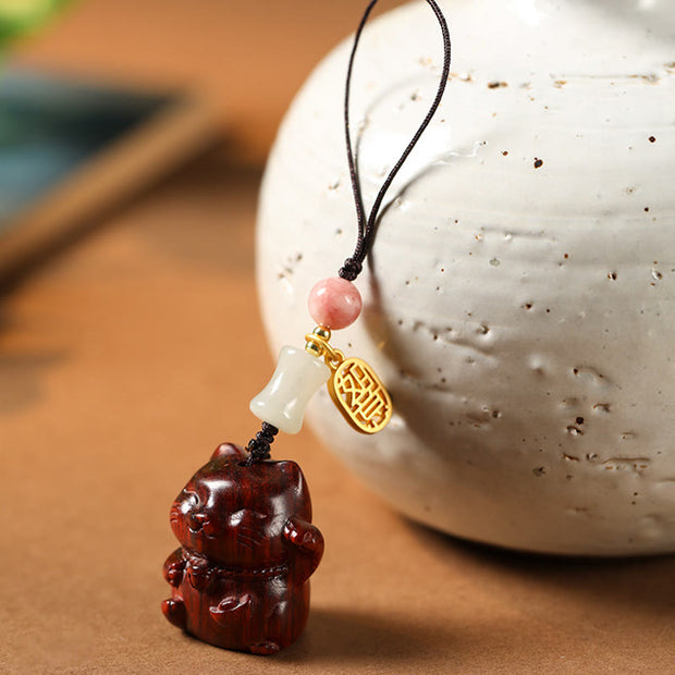 Buddha Stones Small Leaf Red Sandalwood Green Sandalwood Sandalwood Lucky Cat Protection Key Chain Phone Hanging Decoration