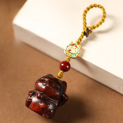 Buddha Stones Small Leaf Red Sandalwood Green Sandalwood Sandalwood Lucky Cat Protection Key Chain Phone Hanging Decoration