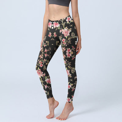 Buddha Stones Rose Flower Leaf Print Gym Leggings Women's Yoga Pants