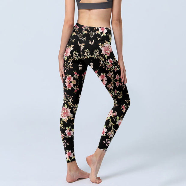 Buddha Stones Rose Flower Leaf Print Gym Leggings Women's Yoga Pants