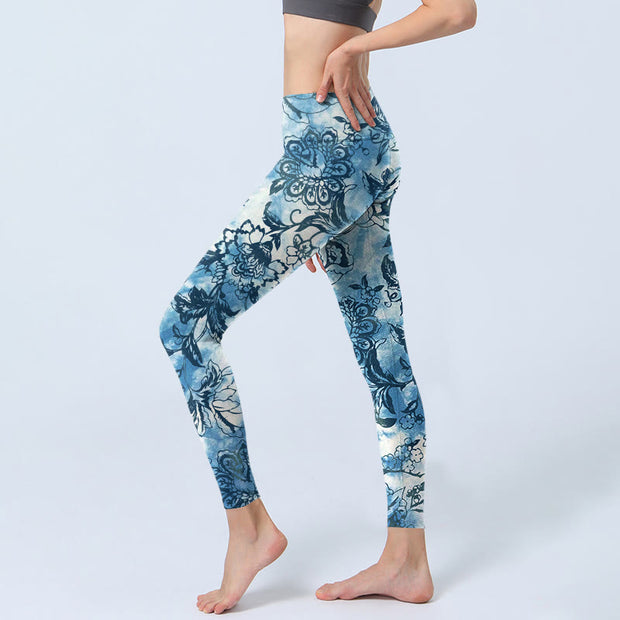 Buddha Stones Peony Chrysanthemum Print Gym Leggings Women's Yoga Pants - image 3