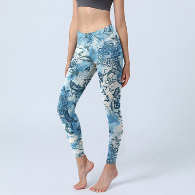 Buddha Stones Peony Chrysanthemum Print Gym Leggings Women's Yoga Pants - DodgerBlue - US18，UK/AU22，EU50 (4XL) - image 1