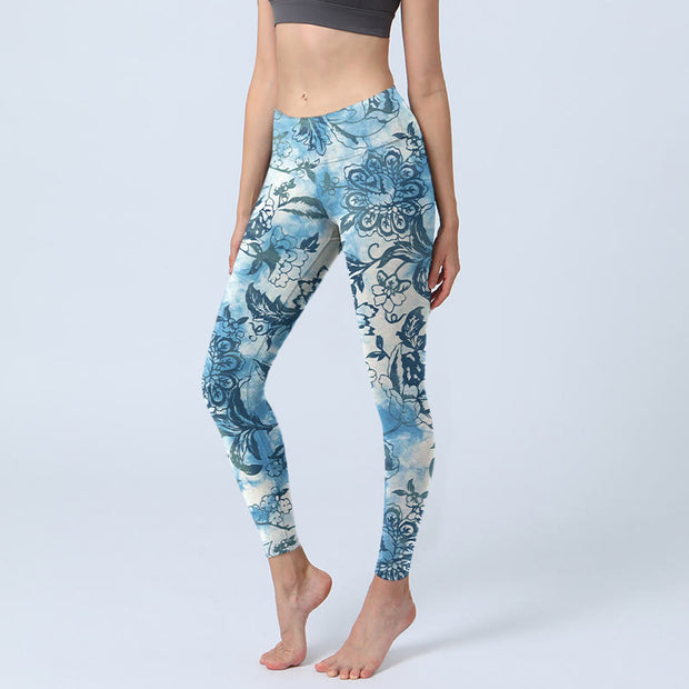 Buddha Stones Peony Chrysanthemum Print Gym Leggings Women's Yoga Pants - DodgerBlue - US18，UK/AU22，EU50 (4XL) - image 1