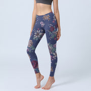 Buddha Stones Red Rose Peony Chrysanthemum Print Gym Leggings Women's Yoga Pants - SlateBlue - US18，UK/AU22，EU50 (4XL) - image 1