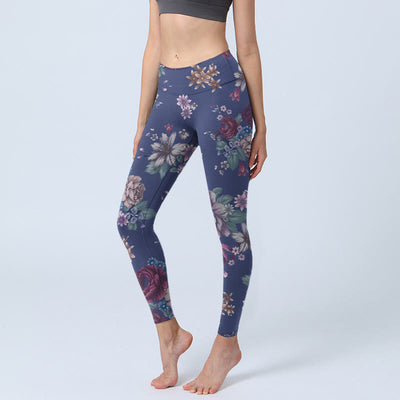 Buddha Stones Red Rose Peony Chrysanthemum Print Gym Leggings Women's Yoga Pants - SlateBlue - US18，UK/AU22，EU50 (4XL) - image 1