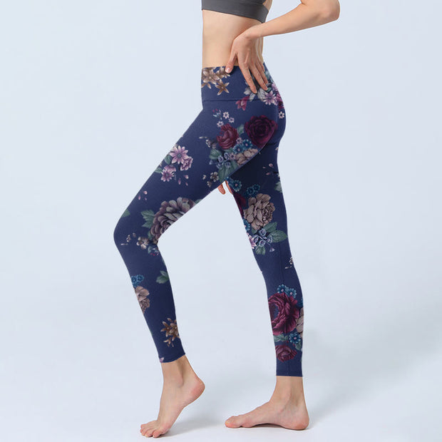 Buddha Stones Red Rose Peony Chrysanthemum Print Gym Leggings Women's Yoga Pants - image 3