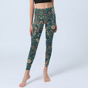 Buddha Stones Green Stitching Flowers Vines Pattern Print Gym Leggings Women's Yoga Pants