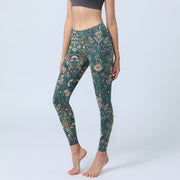 Buddha Stones Green Stitching Flowers Vines Pattern Print Gym Leggings Women's Yoga Pants