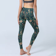 Buddha Stones Green Stitching Flowers Vines Pattern Print Gym Leggings Women's Yoga Pants