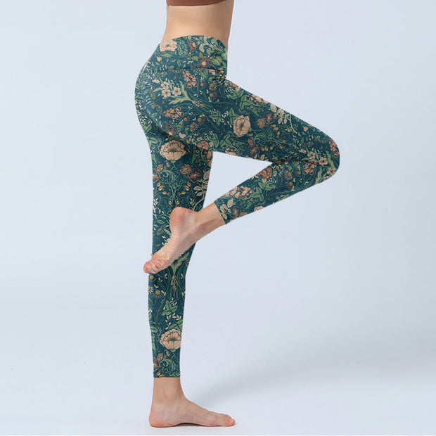 Buddha Stones Green Stitching Flowers Vines Pattern Print Gym Leggings Women's Yoga Pants