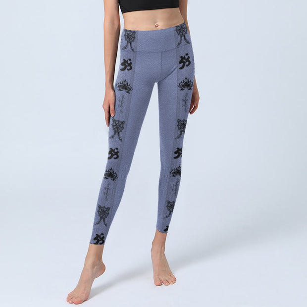 Buddha Stones Blue Stitching Sanskrit Word Om Lotus Pattern Print Gym Leggings Women's Yoga Pants