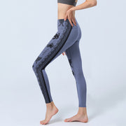 Buddha Stones Blue Stitching Sanskrit Word Om Lotus Pattern Print Gym Leggings Women's Yoga Pants