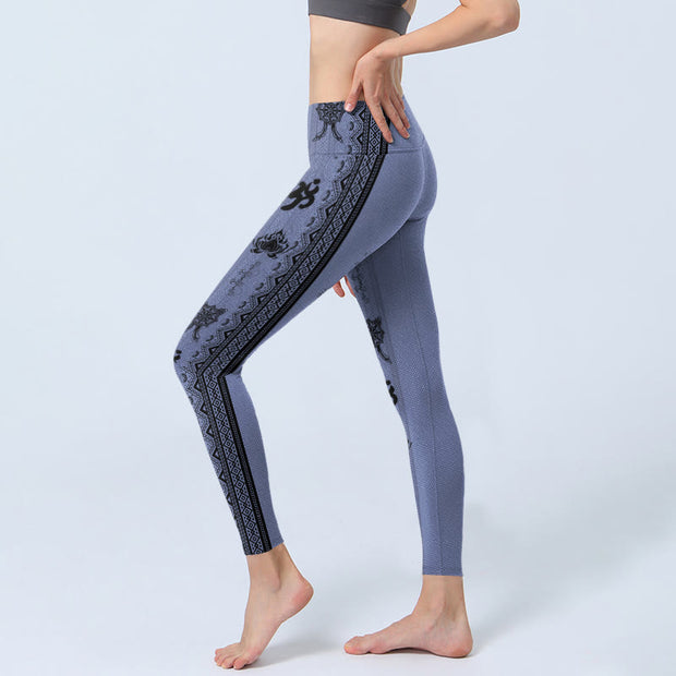 Buddha Stones Blue Stitching Sanskrit Word Om Lotus Pattern Print Gym Leggings Women's Yoga Pants - image 3