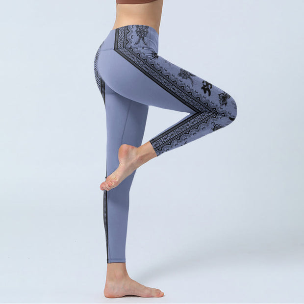 Buddha Stones Blue Stitching Sanskrit Word Om Lotus Pattern Print Gym Leggings Women's Yoga Pants