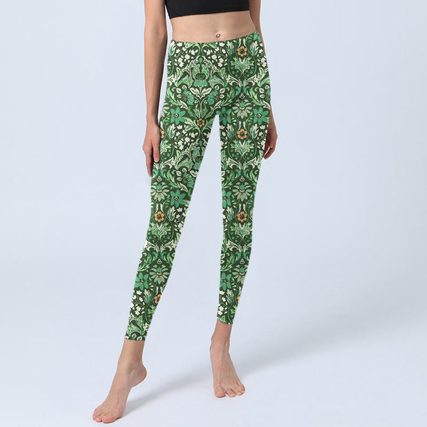 Buddha Stones Green Stitching Symmetrical Flower Leaf Pattern Print Gym Leggings Women's Yoga Pants