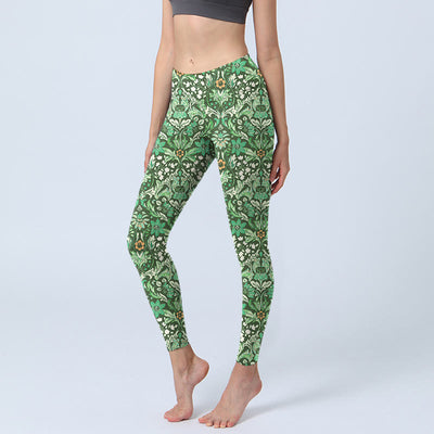 Buddha Stones Green Stitching Symmetrical Flower Leaf Pattern Print Gym Leggings Women's Yoga Pants