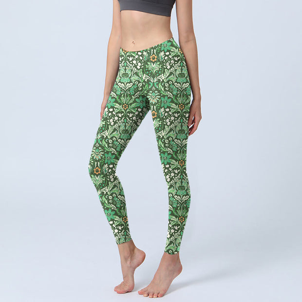 Buddha Stones Green Stitching Symmetrical Flower Leaf Pattern Print Gym Leggings Women's Yoga Pants